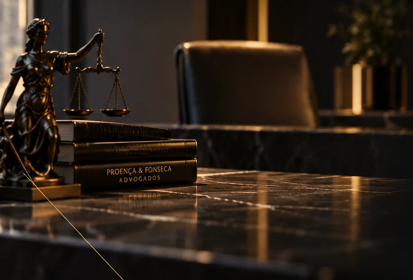 Mesa de mármore escuro com livros jurídicos e escultura da Justiça sob luz quente.