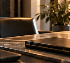 Mesa de reunião com livro fechado em ambiente acolhedor.