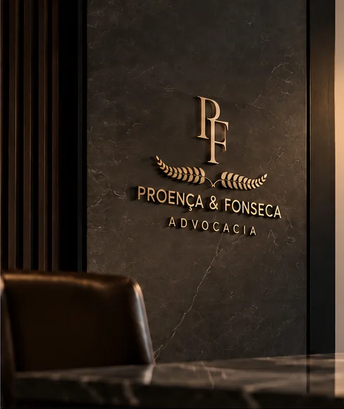 Recepção do escritório com a marca Proença & Fonseca em parede de mármore escuro.